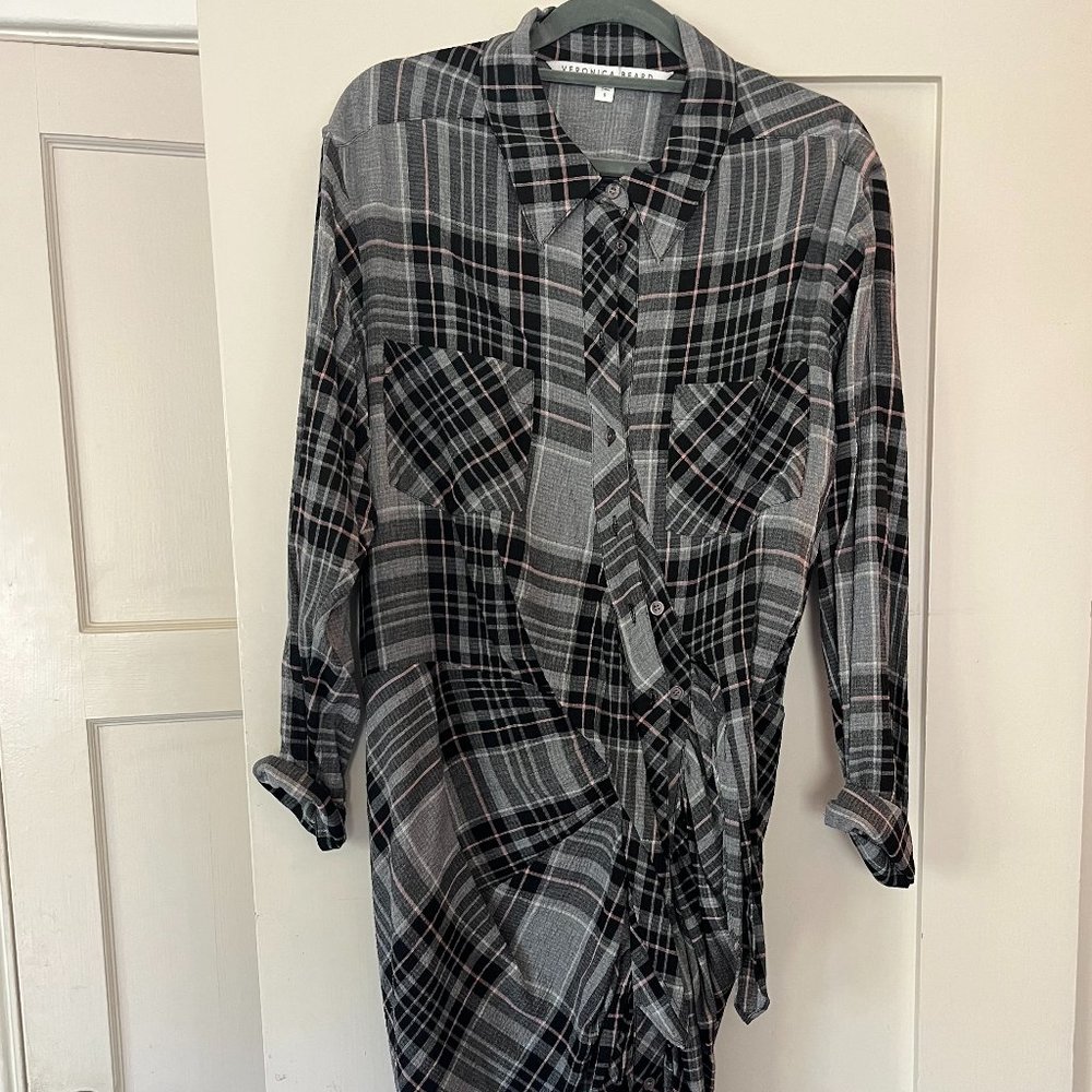 Veronica Beard Sierra Black Gray Pink Plaid Shirt Dress, Size 8